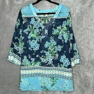 J Jill 2X Shirt Top Blue Floral Flower 3/4 Sleeve V Neck Sheer Tunic Lightweight